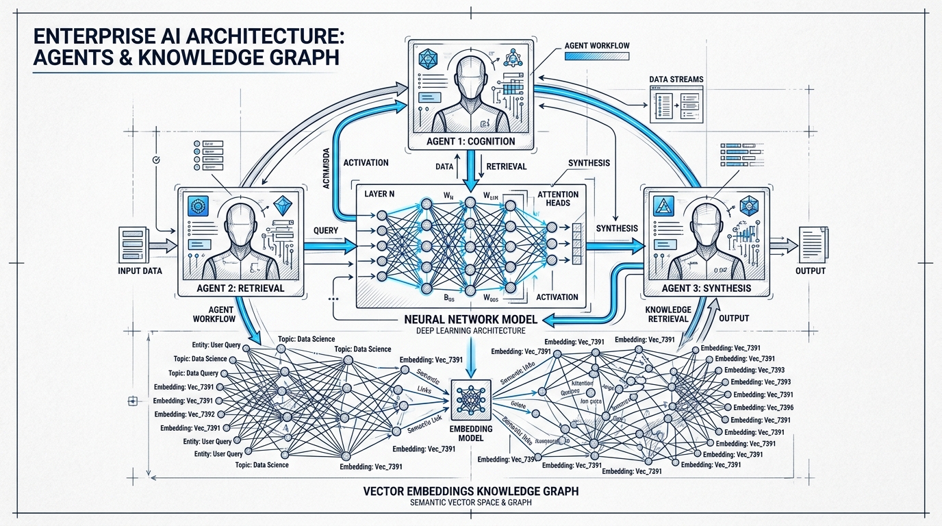 Technical blueprint diagram of enterprise AI architecture featuring agents, neural model, and vector knowledge graph