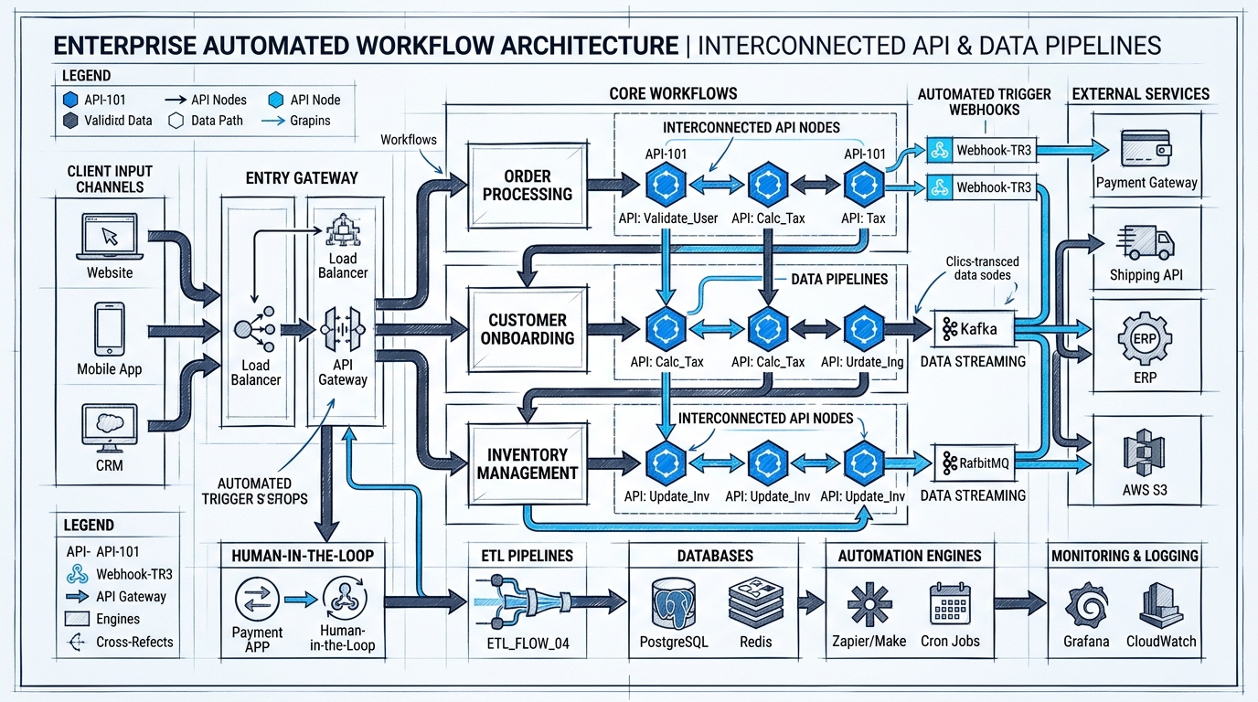 Technical blueprint diagram of enterprise automated workflow architecture, interconnected API nodes, and data streaming pipelines
