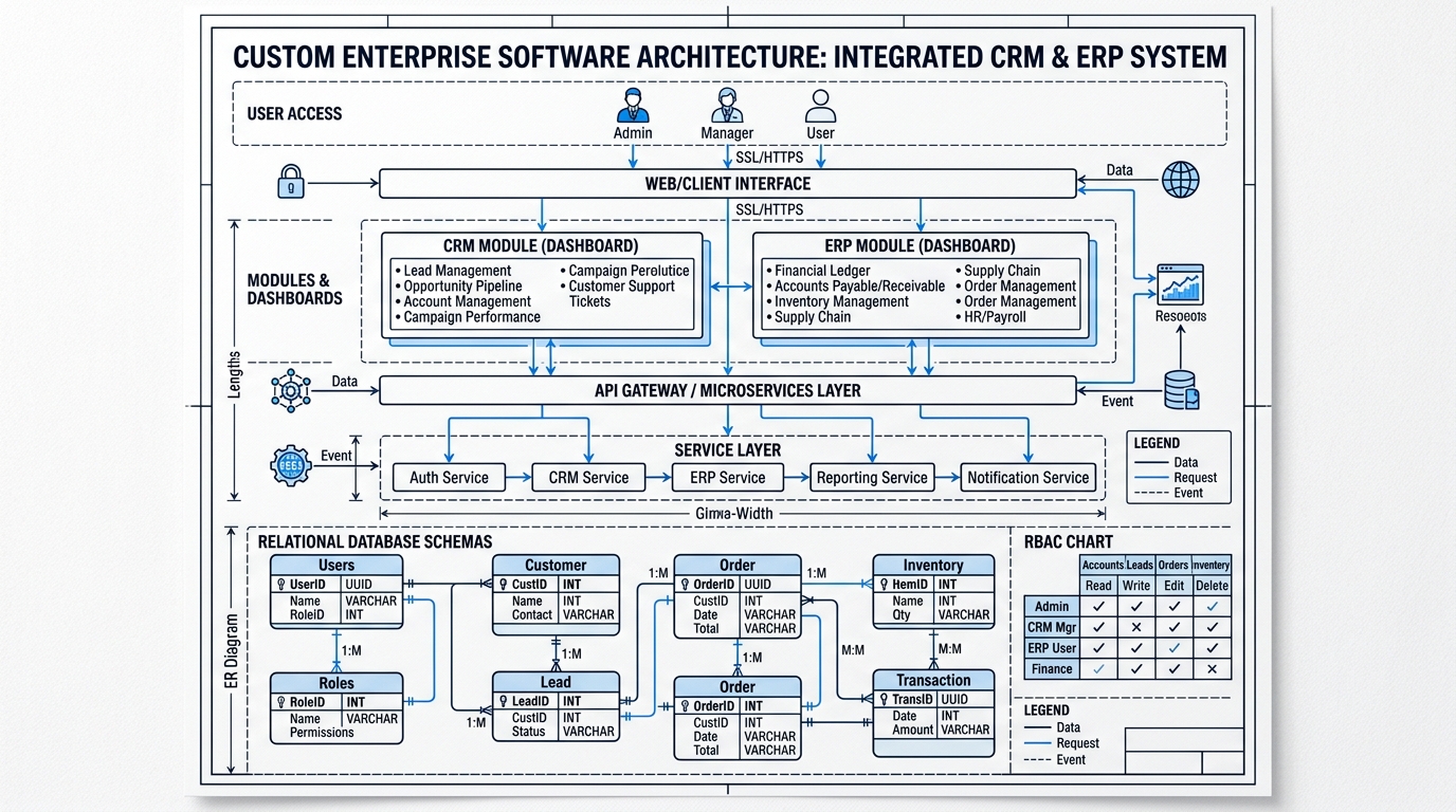 Technical blueprint illustration of custom enterprise software architecture showing CRM and ERP dashboards and relational database schemas