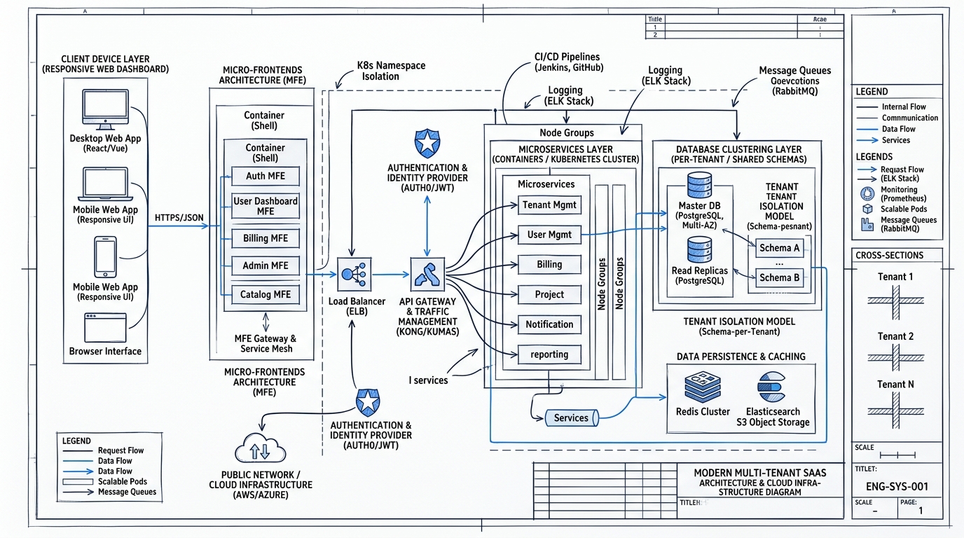 Technical blueprint diagram of modern multi-tenant SaaS architecture, cloud infrastructure, and responsive web dashboard